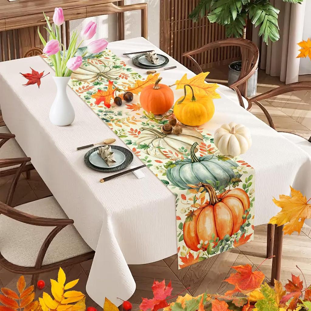Pumpkin Eucalyptus Leaves Fall Table Runner, Autumn Thanksgiving Kitchen Table Decorations for Home Party Decor (Pumpkin 2, 13x72 inches)