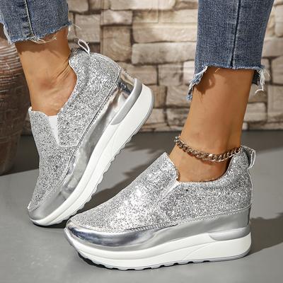 Mode Glitter Platform Sneakers Dames Casual Dikke Zool Slip On Wandelschoenen Vrouw Anti-Slip Zilveren Sportschoenen Plus Maat