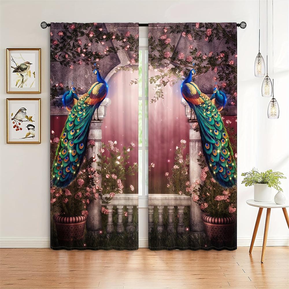 Cortinas de janela com estampa de pavão dourado vintage, persianas para sala de estar, quarto infantil, banheiro, cozinha, porta, decoração para casa, 2 peças