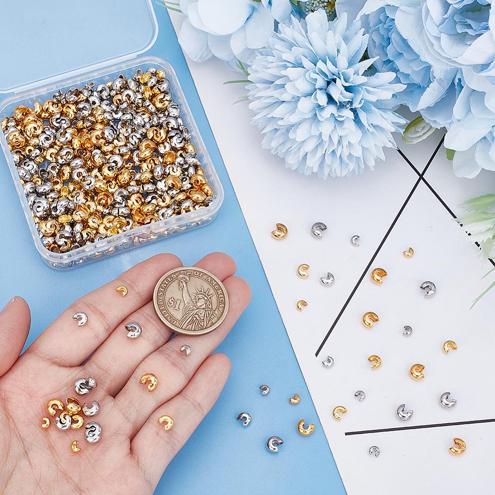 600Pcs 3 Sizes 2 Colors Brass Crimp Beads Covers, Nickel Free, Platinum & Golden, 3~5mm In Diameter, Hole: 1.2~1.8mm, 100pcs/color