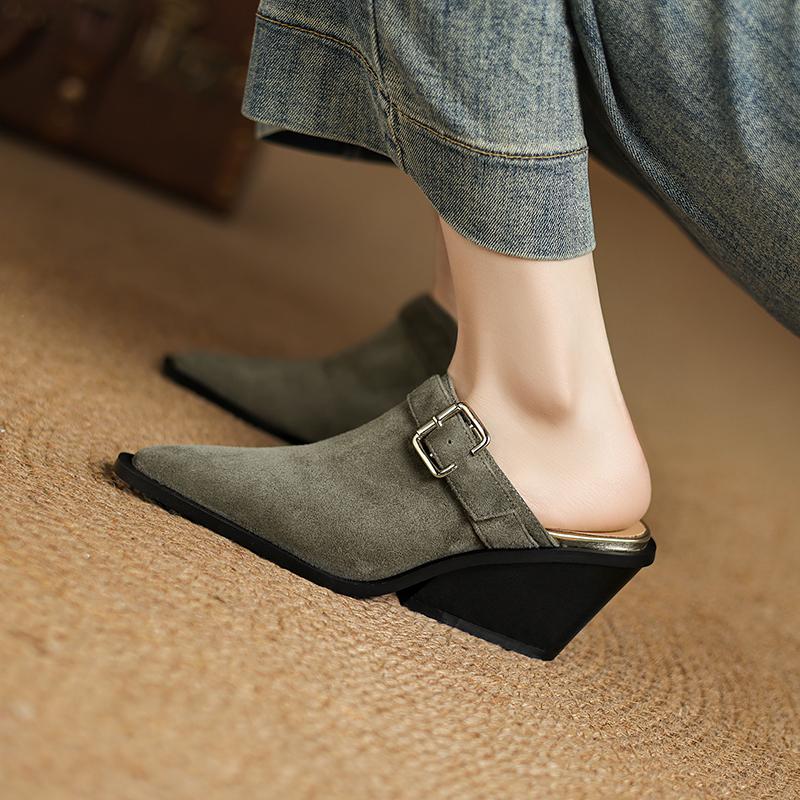 Fashion 2025 New Brand Sandal Retro Ladies Sheep Suede Fashion Chunky Heels Summer Wedges Mules Slippers Women Casual Office Shoes Woman