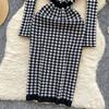 Autumn Women Elegant Lapel Houndstooth Knitted Sweater Slim Bodycon Sheath Pullover Dresses