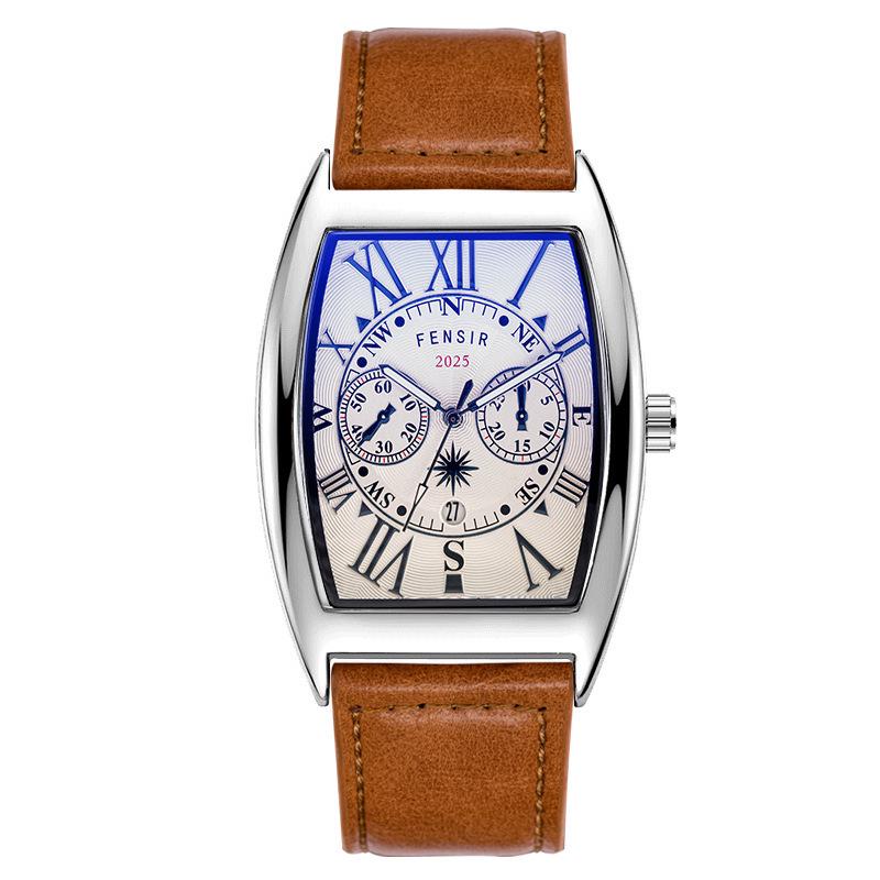 Finish Big Barrel Men's Watch: European & American Style, Leather Strap, Waterproof, Calendar, Casual Office Wear.