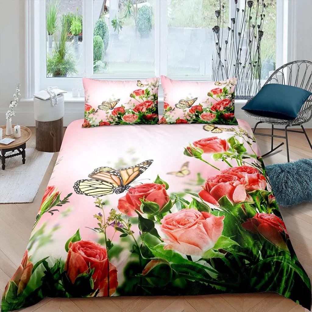 Rose Flowers Duvet Cover Set Butterfly Garden Bedding Sets Girls Women Floral Fresh Nature Blooming Rose Comforter Cover 3 Pcs