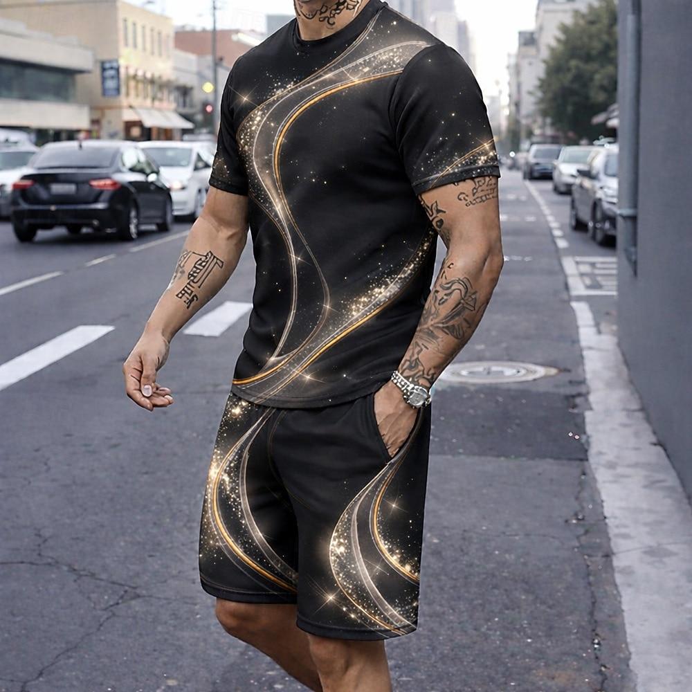 Men's Geometic Line 2pcs Tees sets Summer Tops Short Sleeve Short Pants Crew Neck Sport Casual