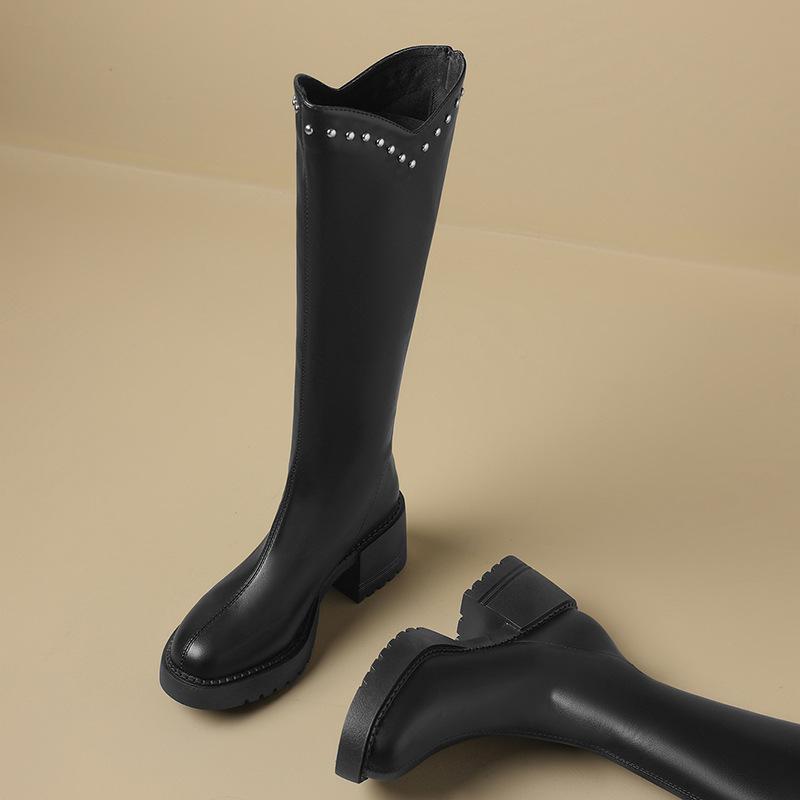 Retro Rivet V-mouth Boots for Women But Over the Knee 2025 Autumn and Winter New Thick-soled Heightening Knight Boots High Boots Look Thin
