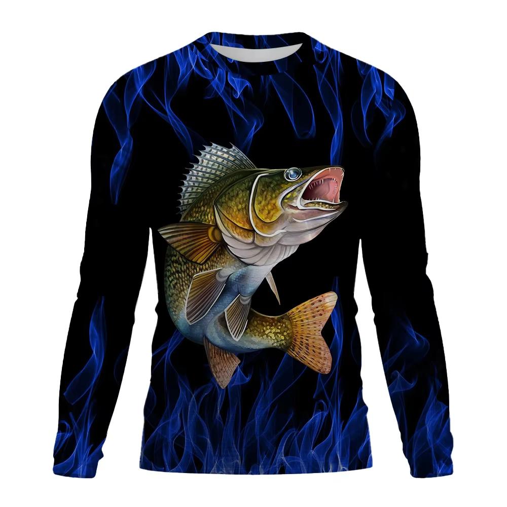 Spring and Autumn Round Neck 3D Fishing Printed T-shirts Fashionable Casual Long Sleeved Men's T-shirts