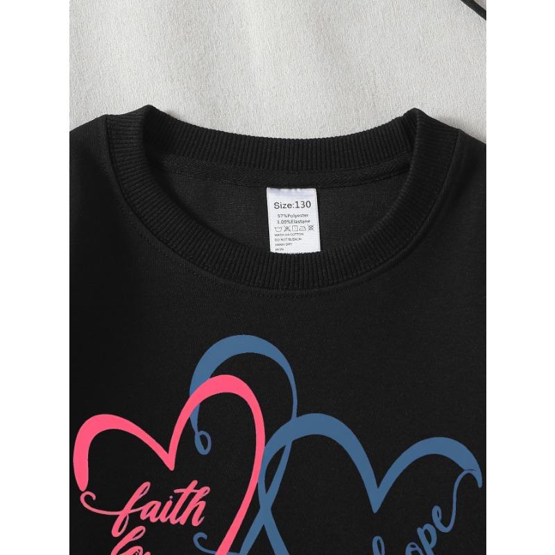 European sizes Girls Crew Neck Sweatshirt Faith Hope Love Hearts Design, Soft Cozy Pullover, Warm Casual for Autumn Winter.
