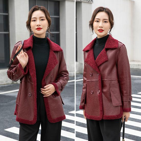 Herbst-Winter-Damenjacke aus dickem Fleece, Kunstleder, Patchwork, beidseitig, mittellang, große Taschen, zweireihiger Mantel mit Reverskragen