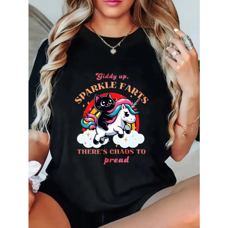 

Women Casual T Shirt Black Unicorn And Cat Print Giddy Up Sparkle Farts Theres Chaos To Pread Graphic Tee For Daily Wear Party Outing XXXXL чёрный