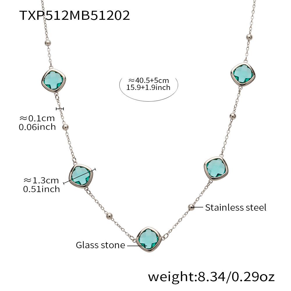 Stylish European & American Stainless Steel Jewelry Set with Square Faceted Glass Stones: Includes Bracelet, Necklace, and Earrings