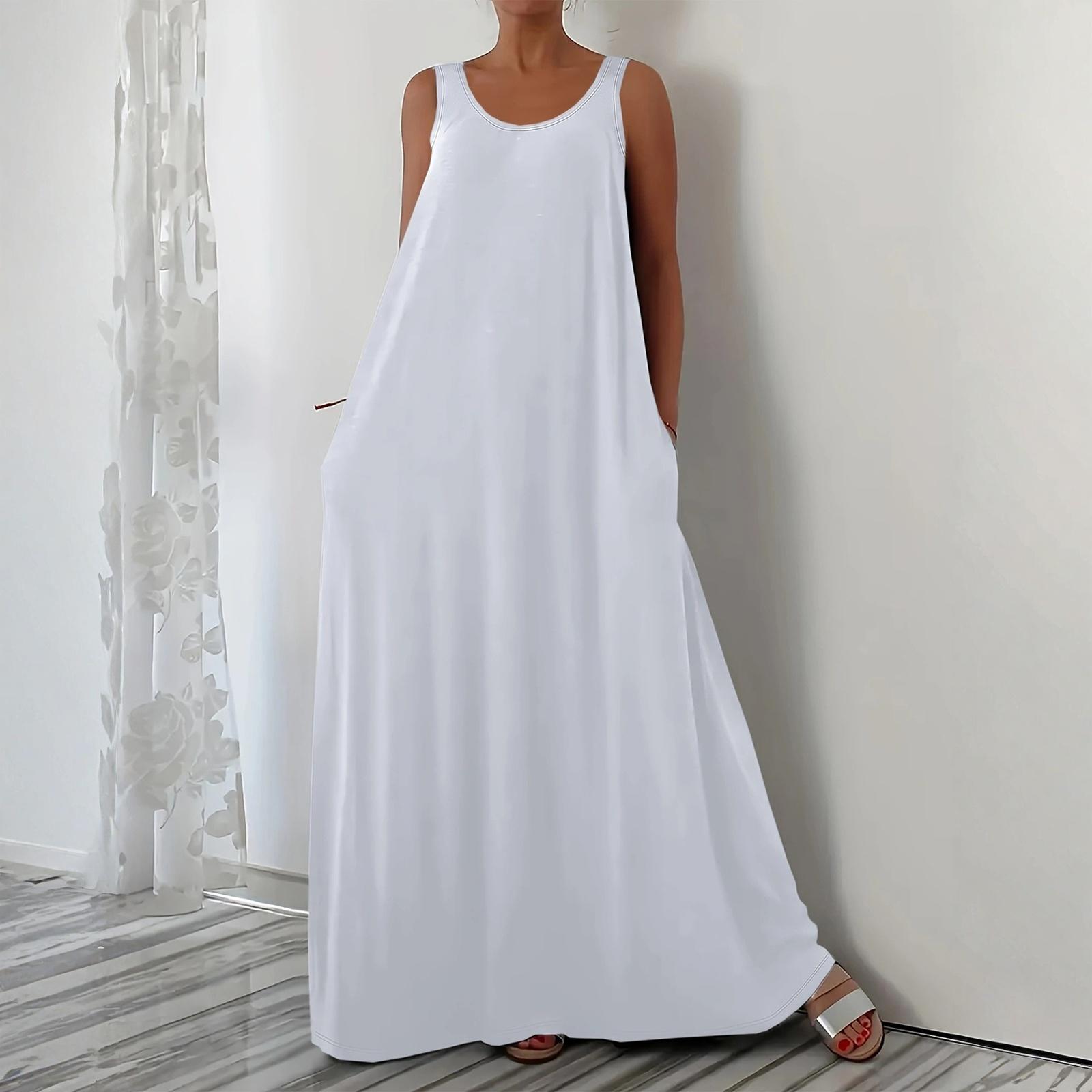 

Women s Fashionable Solid Color V Neck Sleeveless Casual Loose Fitting Pullover Long Dress XL