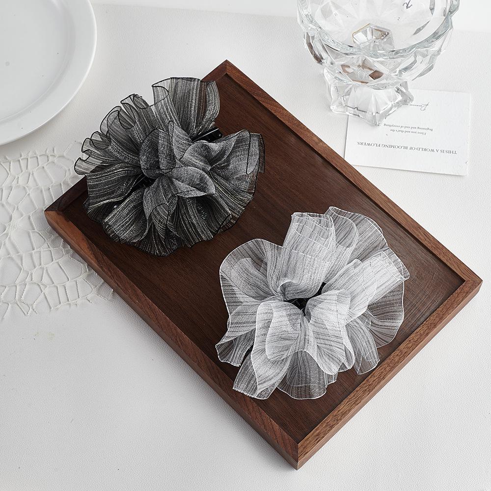 Korean Striped Mesh Bubble Hair Tie & Flower Claw Clip for Women - Versatile Pleated Updo Accessory
