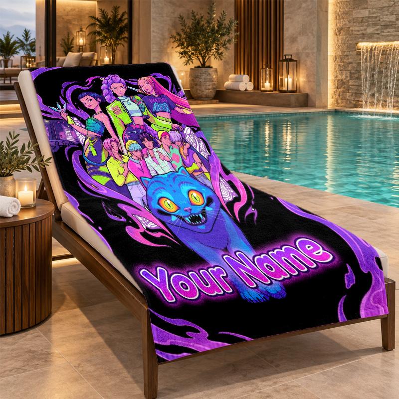 Custom Name KPop Demon Hunters Beach Towel Personalized Text Soft Towel Swimming Travel Bath Gift