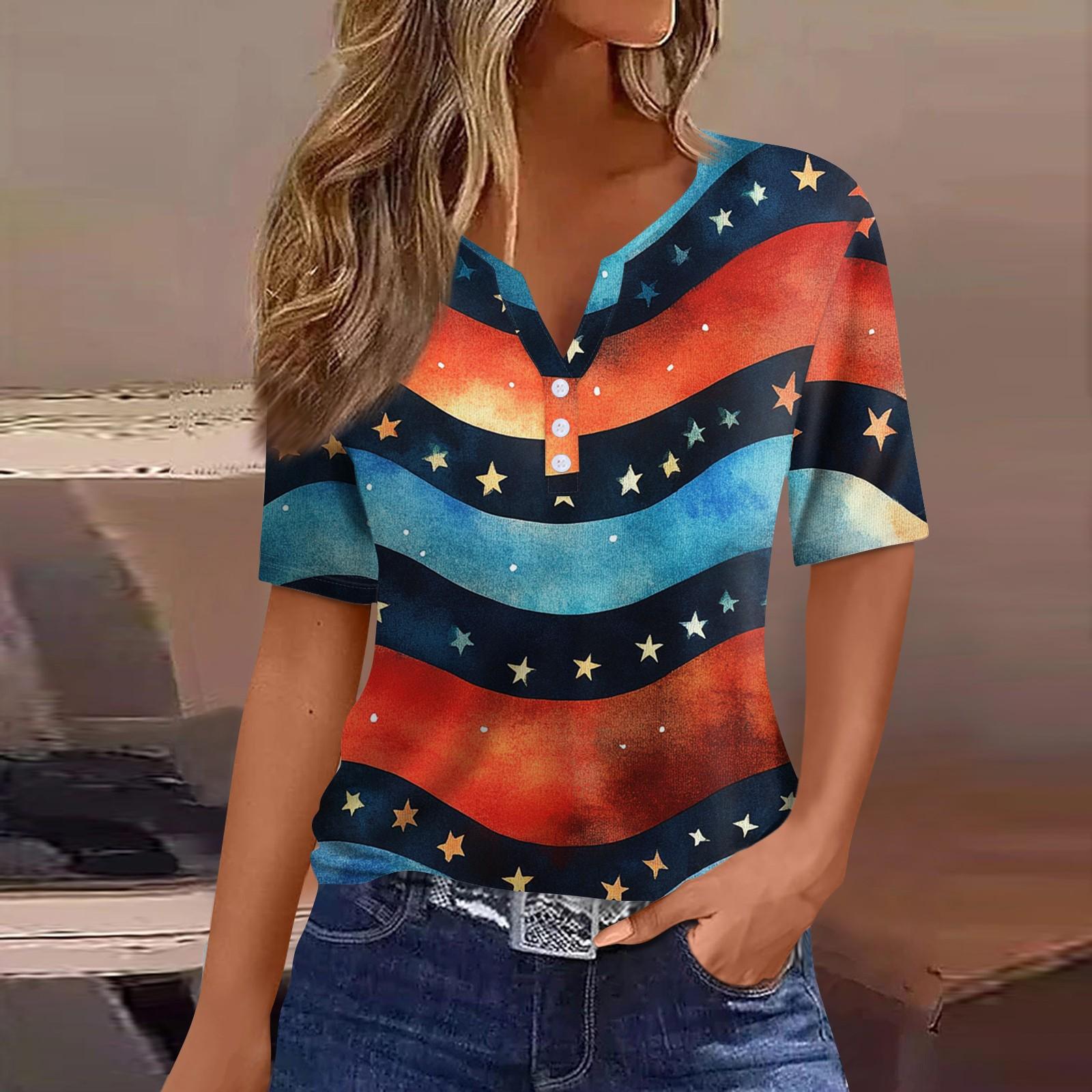 

Жен. Футболка С принтом Пуговицы С короткими рукавами Повседневные Выходные Мода Классический V-образный вырез Обычный Верх XXL синий