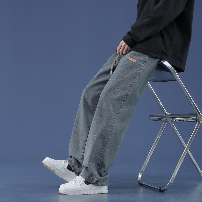 Autumn Winter Men's Black Straight Wide Leg Jeans High Street Loose Fit Denim Pants Casual Trousers Street Style