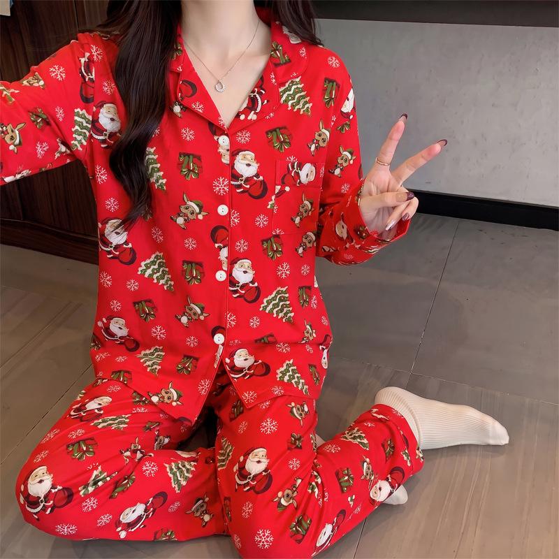 Autumn and winter new Christmas high-value imitation cotton pajamas women's loungewear long-sleeved trousers set can be worn outside
