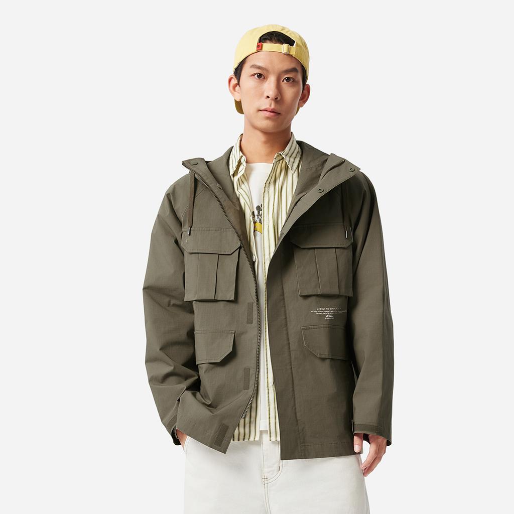 Li Ning Sports Lifestyle Series Hooded Windbreaker Long Sleeve Coat Men Outerwear Military-Green AFDV187-3
