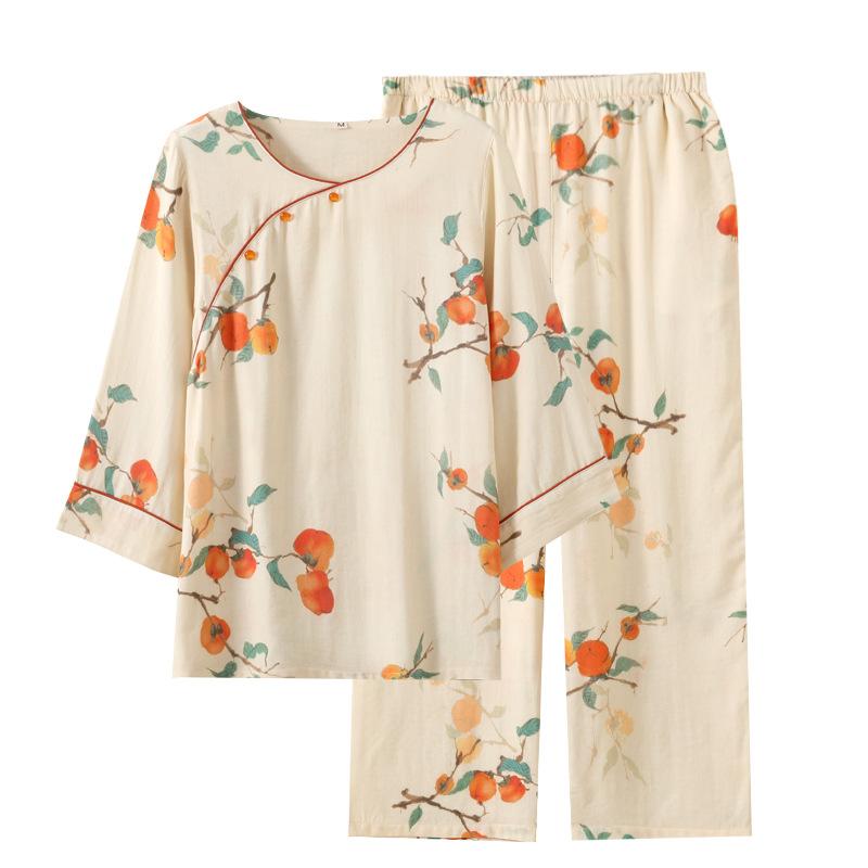 Spring / Summer Thin Chinese National Style Women's Pajamas Loose Bamboo Cotton Seven-quarter Sleeves Loungewear