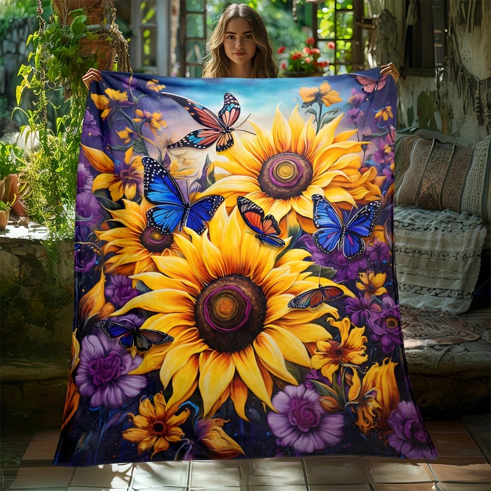 Sunflower And Butterfly Thin Flannel Blanket, Lightweight Digital Print Throw for Sofa Bed Travel Camping 75X95CM