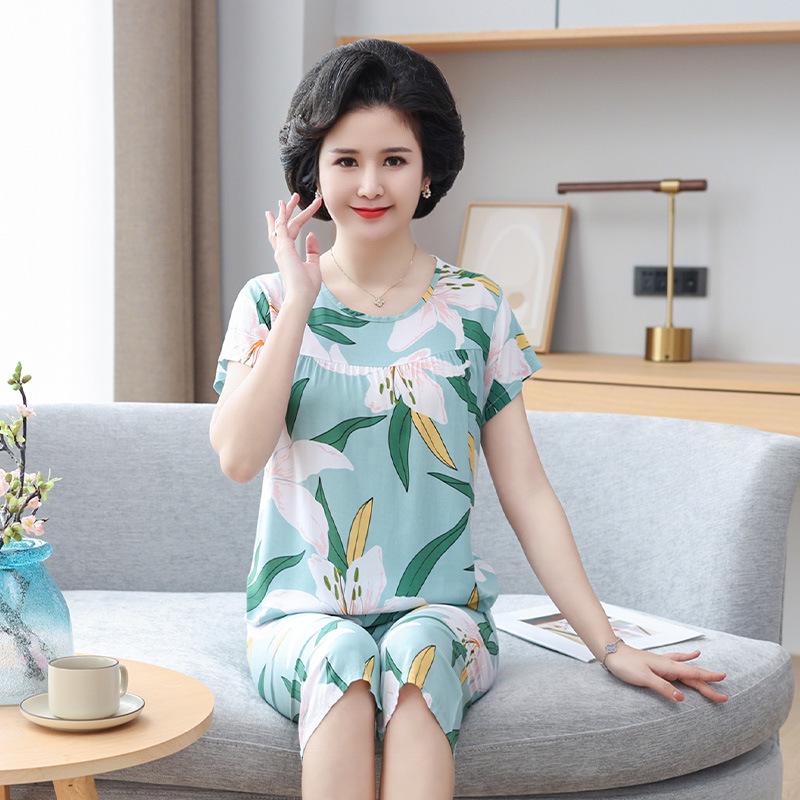 

«Женская летняя пижама из хлопка и шелка»: Комплект из двух предметов с коротким рукавом, свободного кроя, для людей среднего и пожилого возраста, больших размеров, для ношения на открытом воздухе. XXXXL (80-90 kg)