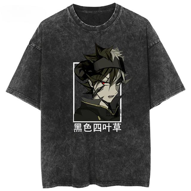 2026 Black Clover Washed Vintage Tshirt Street Hiphop Anime Casual Cotton Summer Short Sleeve