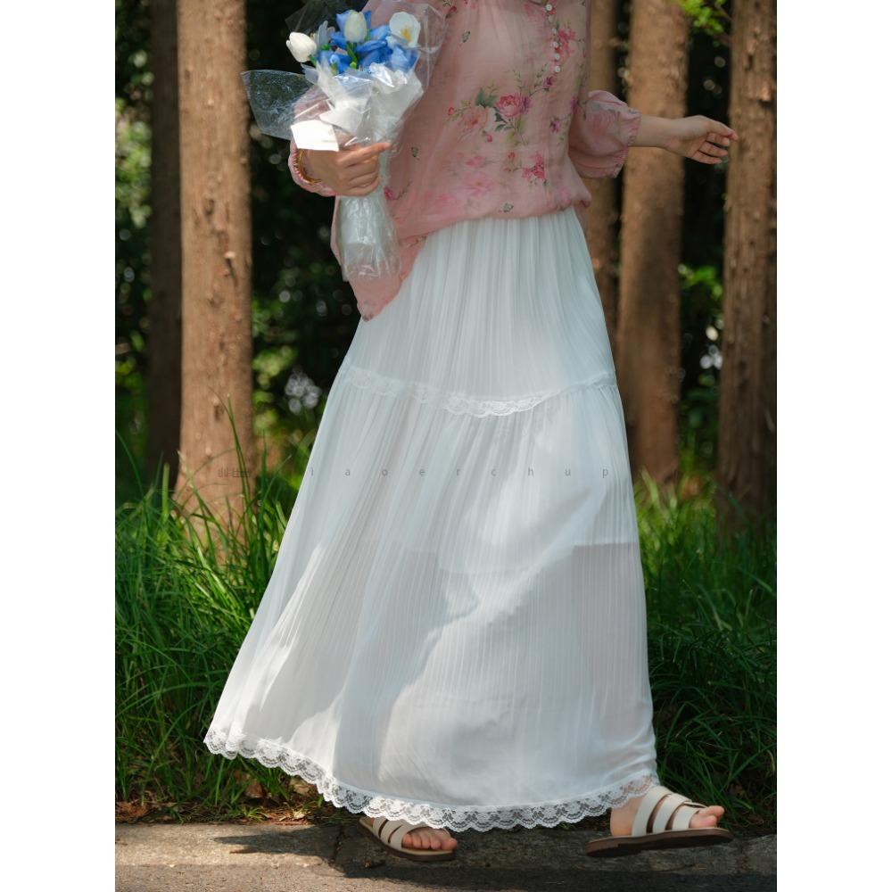 Dimanaf 2025 Summer Women New Skirts Chiffon Solid Lace Pleated Elastic Waist Mesh Elegant Skirts