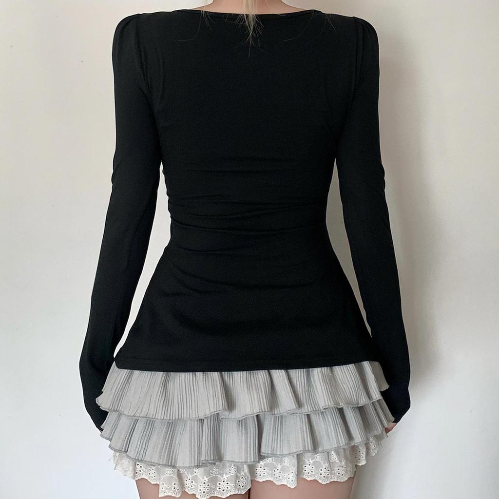 French Patchwork A-line Doll Top: Pleated Square Neck, Long Sleeve, Lace-up Waist, Autumn Winter Style for Women.