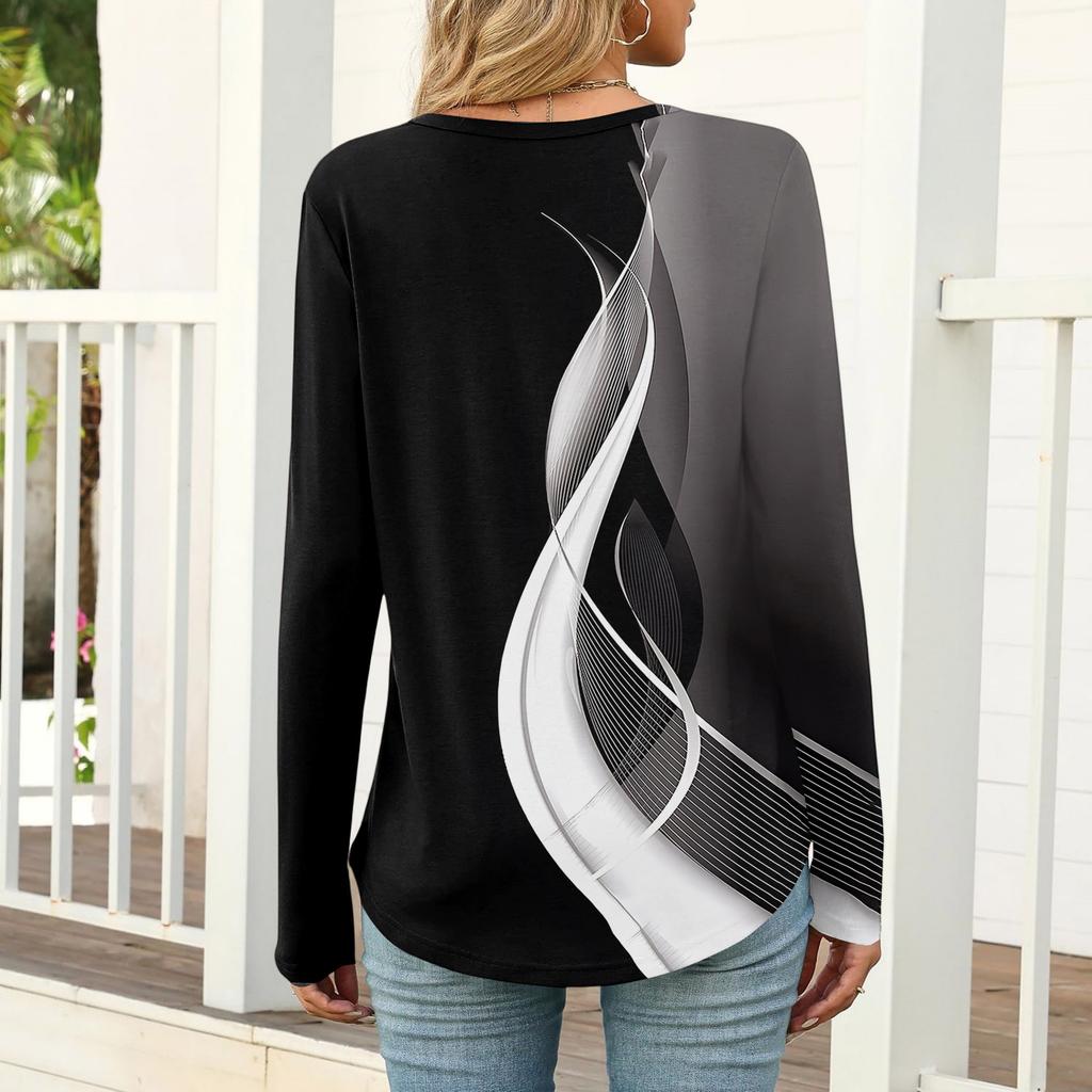 Women's Casual And Fashionable T,shirt, Vintage Geometric Print, Round Neck, Long Sleeves.
