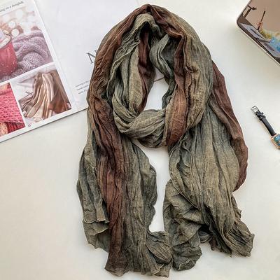 Sciarpa Retro Etnica in Cotone Lino per Donna Tie-dye Lunga Plissettata Gradiente Scialle Coreana Letteraria Fresca Sciarpa di Cotone