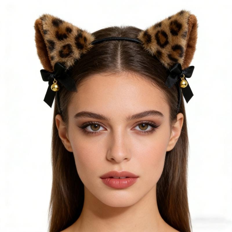 Soft Furry Leopard Print Cats Ear Headband With Attached Bells For Cosplay Halloween And Dance Parties