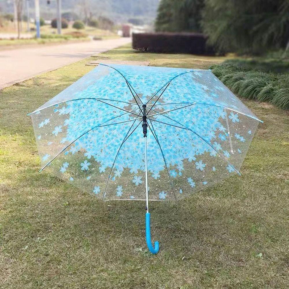 PVC Material Transparent Umbrella Straight Stem Long Handle Rainproof Umbrella Cute Flower Pattern Colored Design