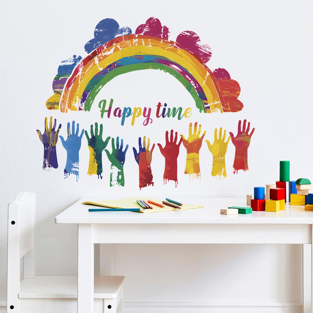 Graffiti Handprint Rainbow Happy Time Wall Sticker Self-Adhesive for Kids Room Kindergarten Wall Decoration