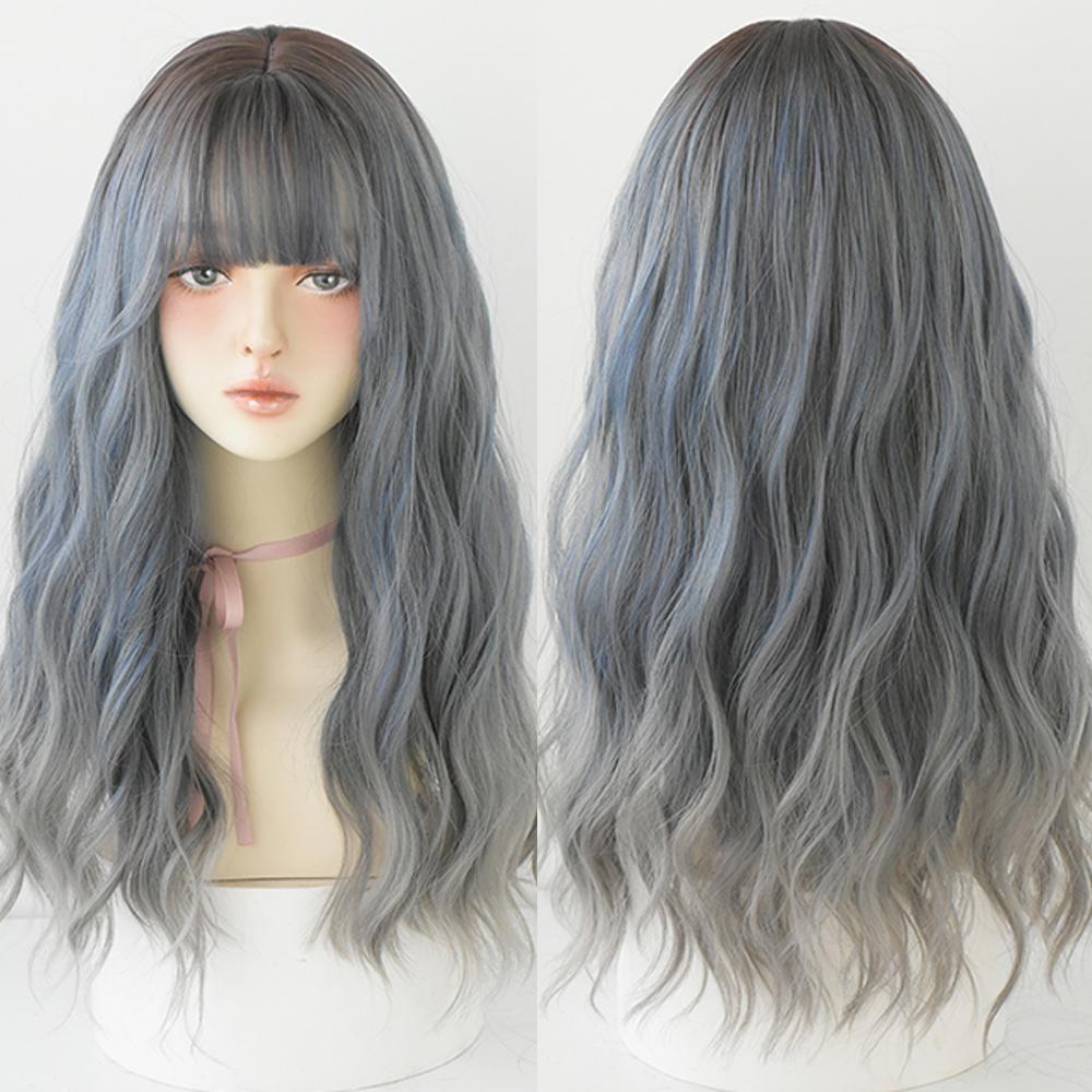 Довга хвиля синтетична перука з чубчиком Жіноча термостійка перука для косплею на кожен день з натуральним волоссям