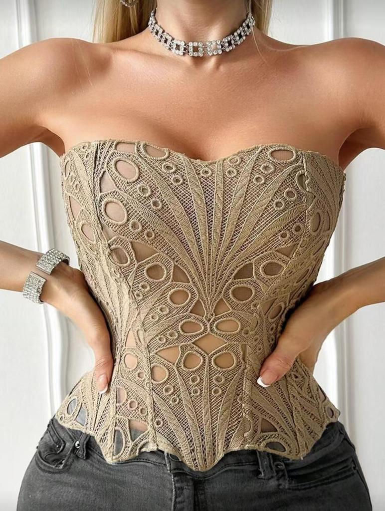 European & American Lace Corset: Hollow-Out Fishbone Bustier Top with French Print