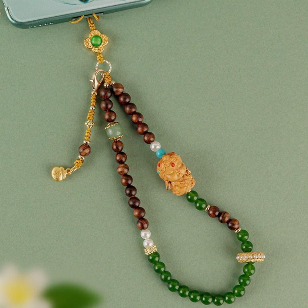 Chinese Style Beads Phone Lanyard Short Antique Green Wrist Rope Pendant Mobile Phone Chain  Girls