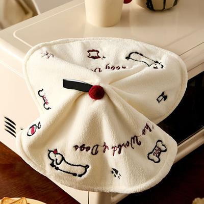Hand Towel with Hangable Lanyard Coral Velvet Quick Drying Water Absorption Soft Skin-Friendly Cute Cat Dog Embroidery Durable Kitchen Bathroom Use