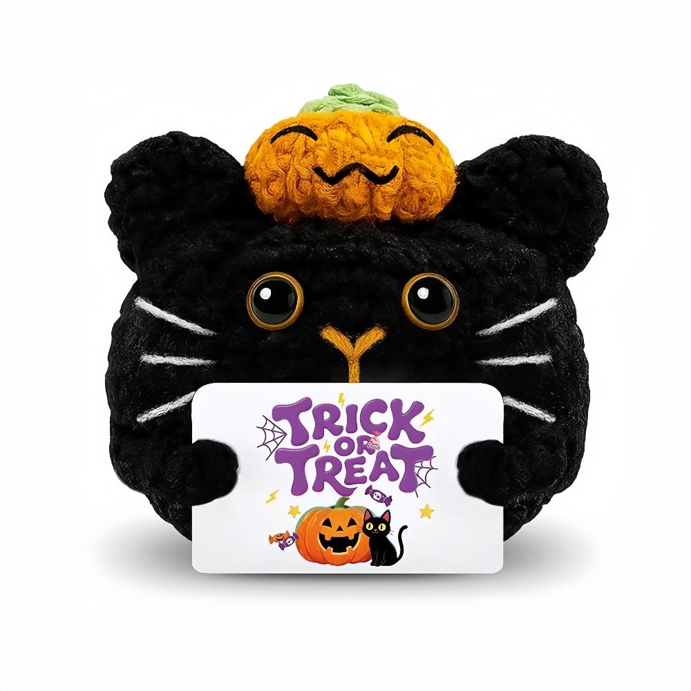 Handmade Pumpkin Cat Dolls Funny Positive Emotion Cute Crochet Mini Pocket Dolls with Card Home Decor Party Gift Ornament