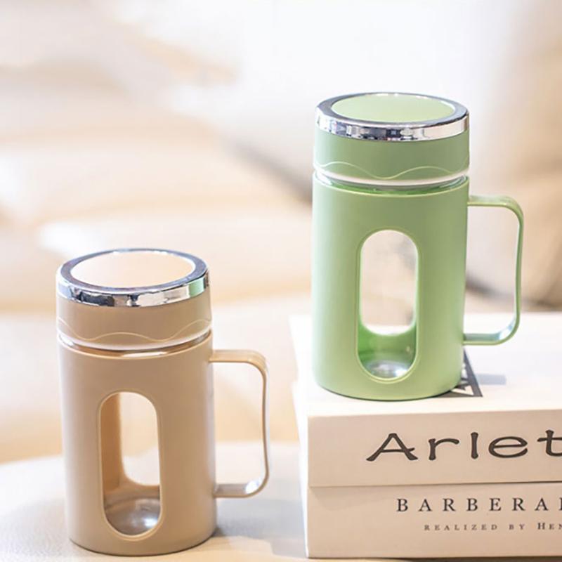 1Pieces Double Insulated Handle Glass Teacup Office Tea Cup With Handle Coffee Cup With Lid Tumbler Outdoor tableware