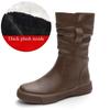 Fashion Women Boots Autumn Winter Plush Warm Mid Calf Boots Round Toe Zipper Pleated Thick Bottom Leather Cotton Boots