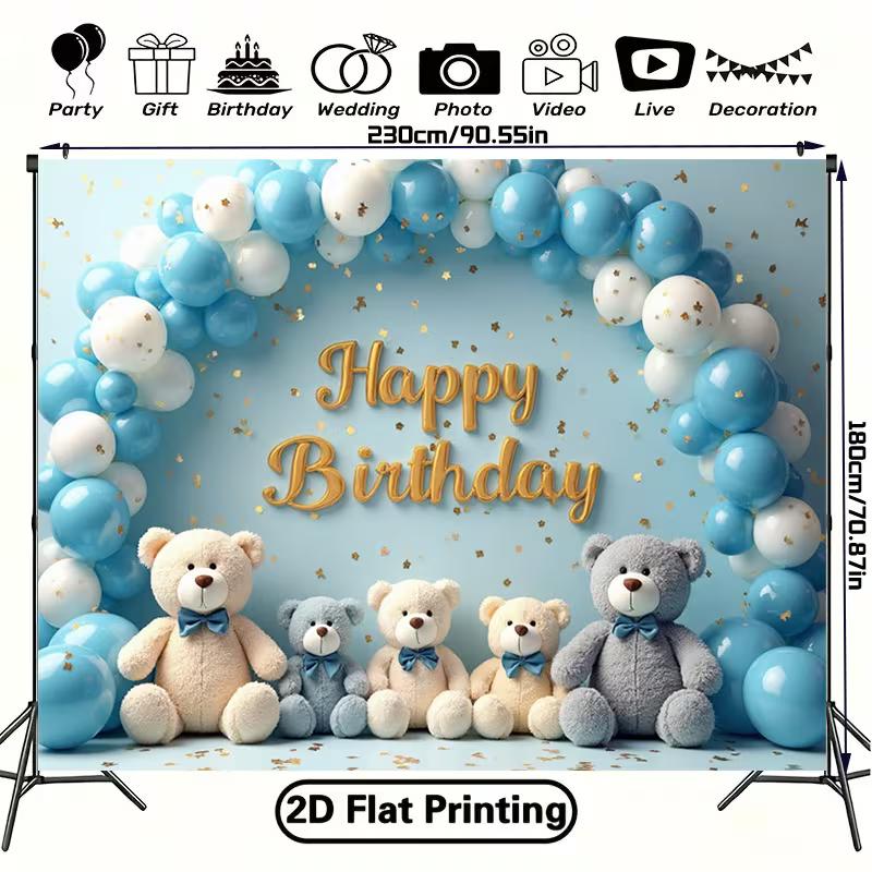 2D Cute Teddy Bear Backdrop, "Happy Birthday" Blue Balloons Party Background