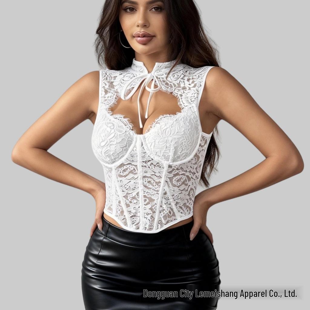 Camisole Européenne & Américaine Dentelle Baleinée Anneau en Acier – Haut Ceintureur Dos Nu à Bretelles.