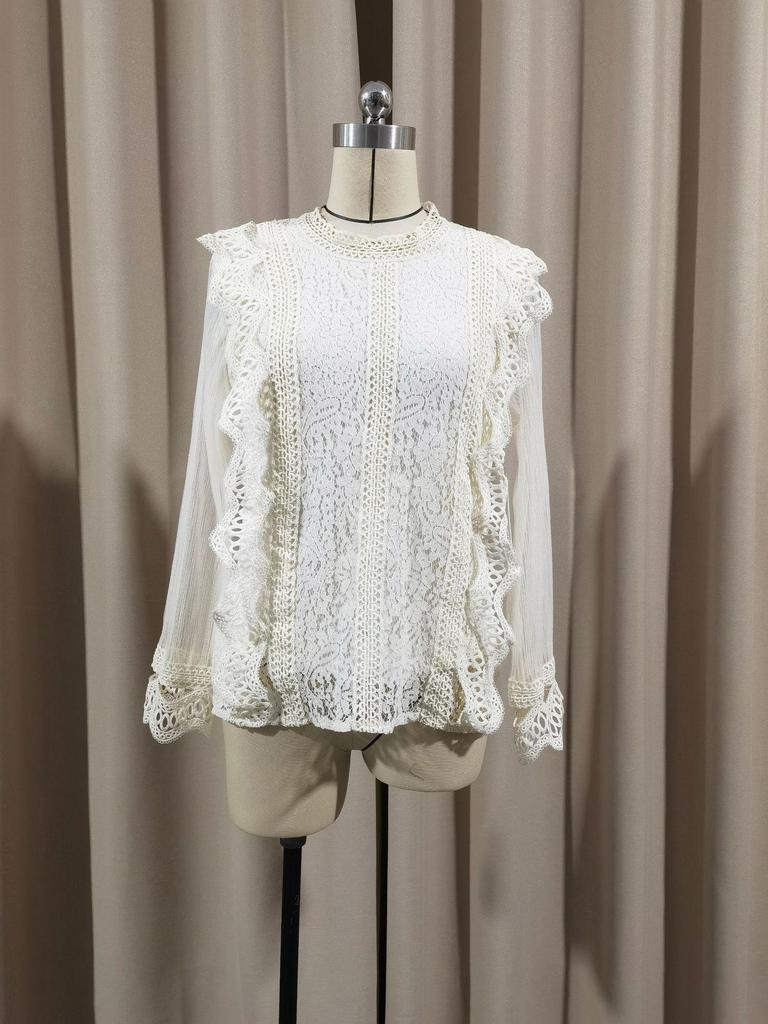 Elegant Mesh Puff Sleeve Round Neck Lace Top 