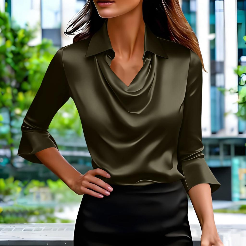 Satin Shirts For Womens Cowl Neck 3/4 Length Sleeves Dressy Fashion Pullover Tee Shirt Blouse Tops