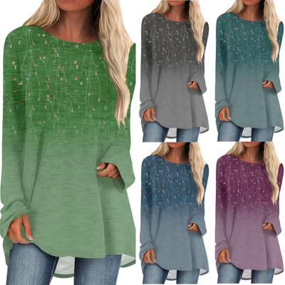 Damenmode Casual T-Shirt Druck Langarm Rundhals Mittellanges Oberteil