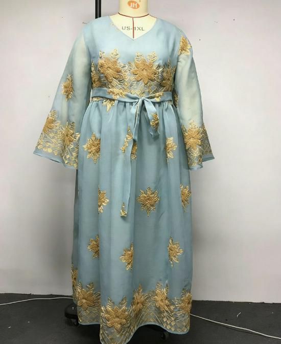Middle East Plus Size Women's Sky Blue V-Neck Dress with Gold Trim