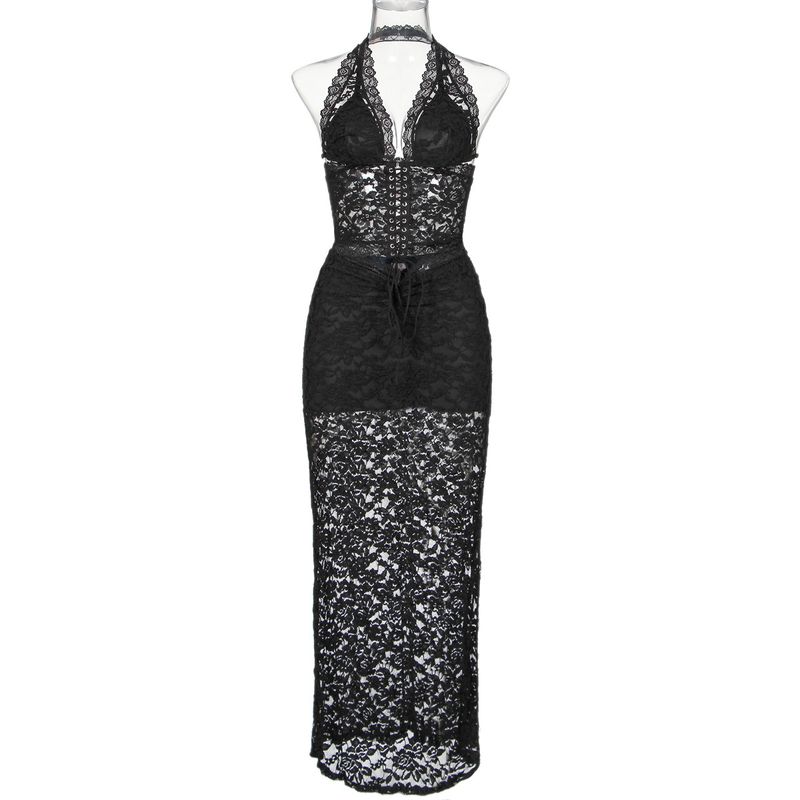 

Fashion Style Ins New Arrival Fashion All-Match Lace Beautiful Back Halterneck Intimates Sexy Sexy Long Dress Suitable for Daily Wear Suit Black L