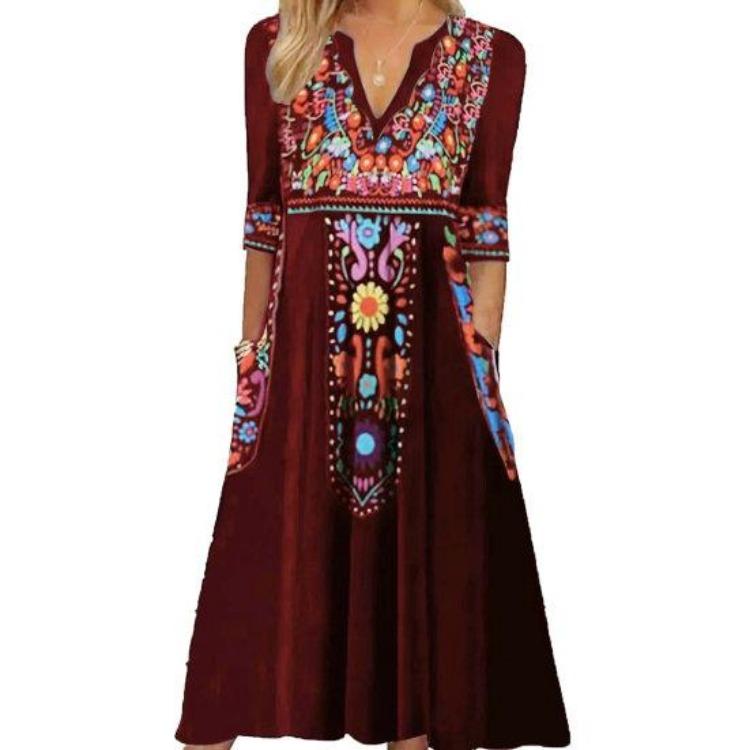 Plus Size Lady Dress V Neck Three Quarter Sleeves Bohemian Sexy A Line Loose Hem Pockets Retro Ethnic Style Print