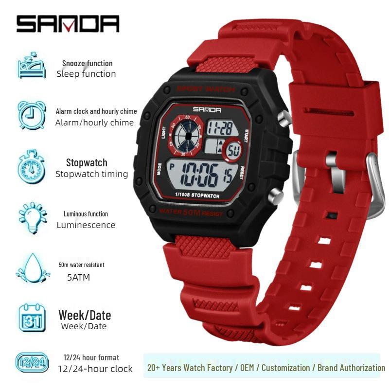 Sanda Multifunktionale Leuchtende Wasserdichte Unisex Quadratische Elektronische Uhr