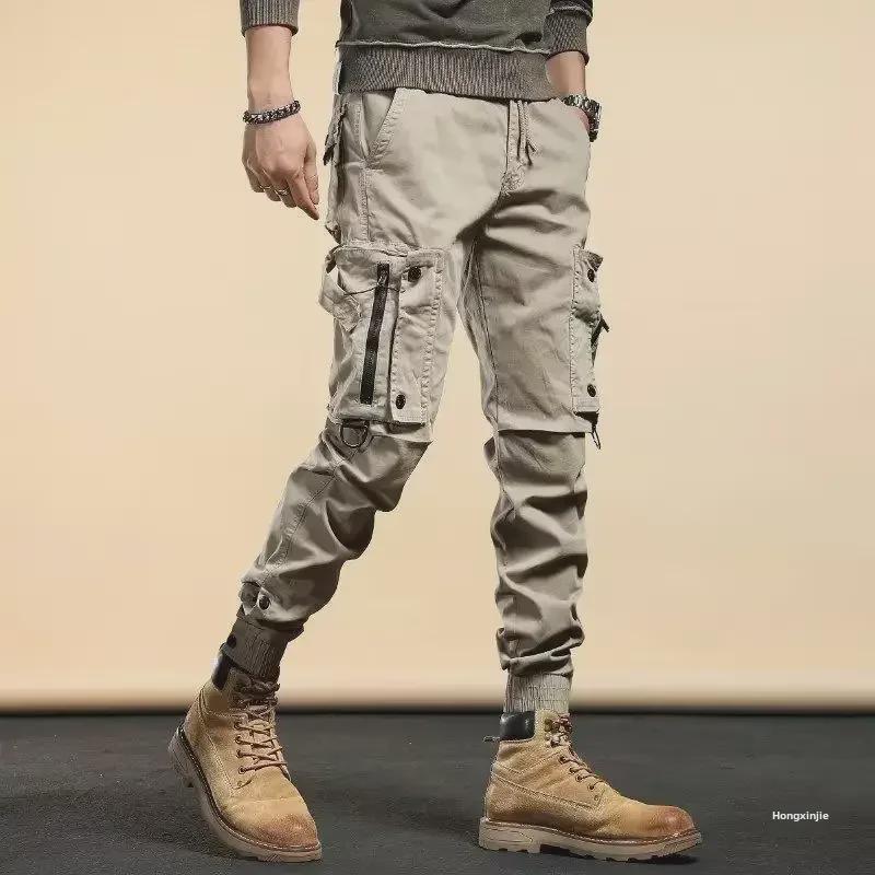 Men's Slim-Fit Multi-Pocket Cuffed Pants for Spring, Autumn, and Winter Motorcycle Wear.